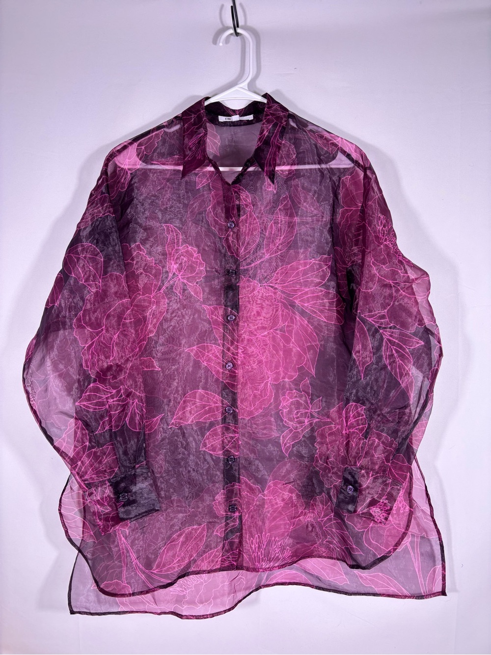 DR2 Sheer Burgundy Pink Floral Organza Button Down Blouse Medium